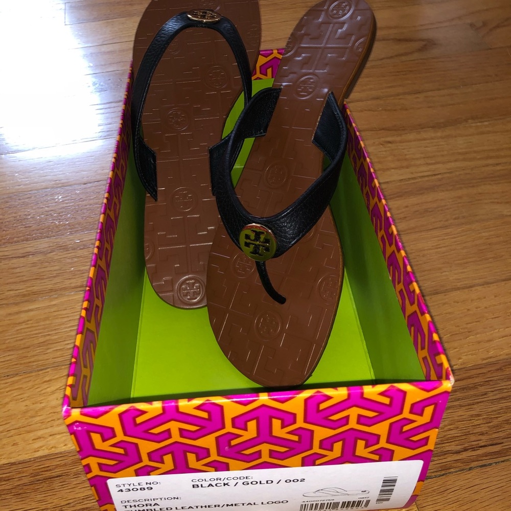 Tory Burch Thora Black Gold Sandal Flip Flop 9